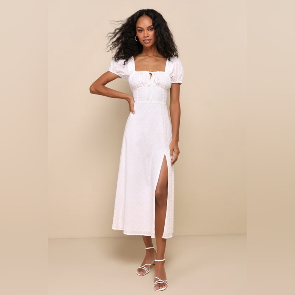 Lulus Beloved Darling White and Pink Polka Dot Embroidered Midi Dress - XS